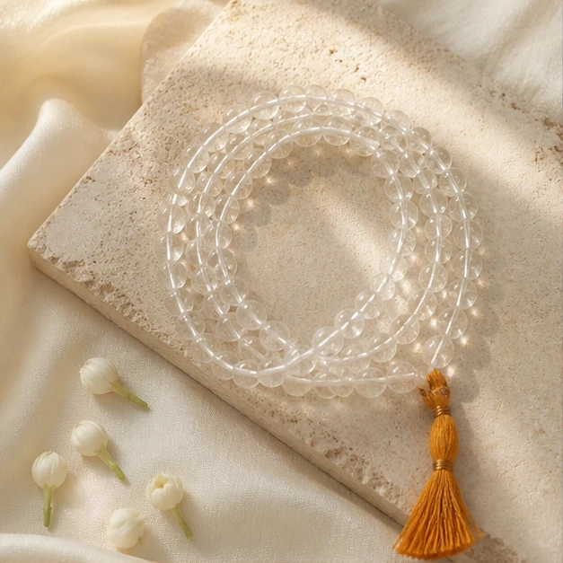 Clear Quartz Mala - 108-bead prayer mala from Lucky Gem House