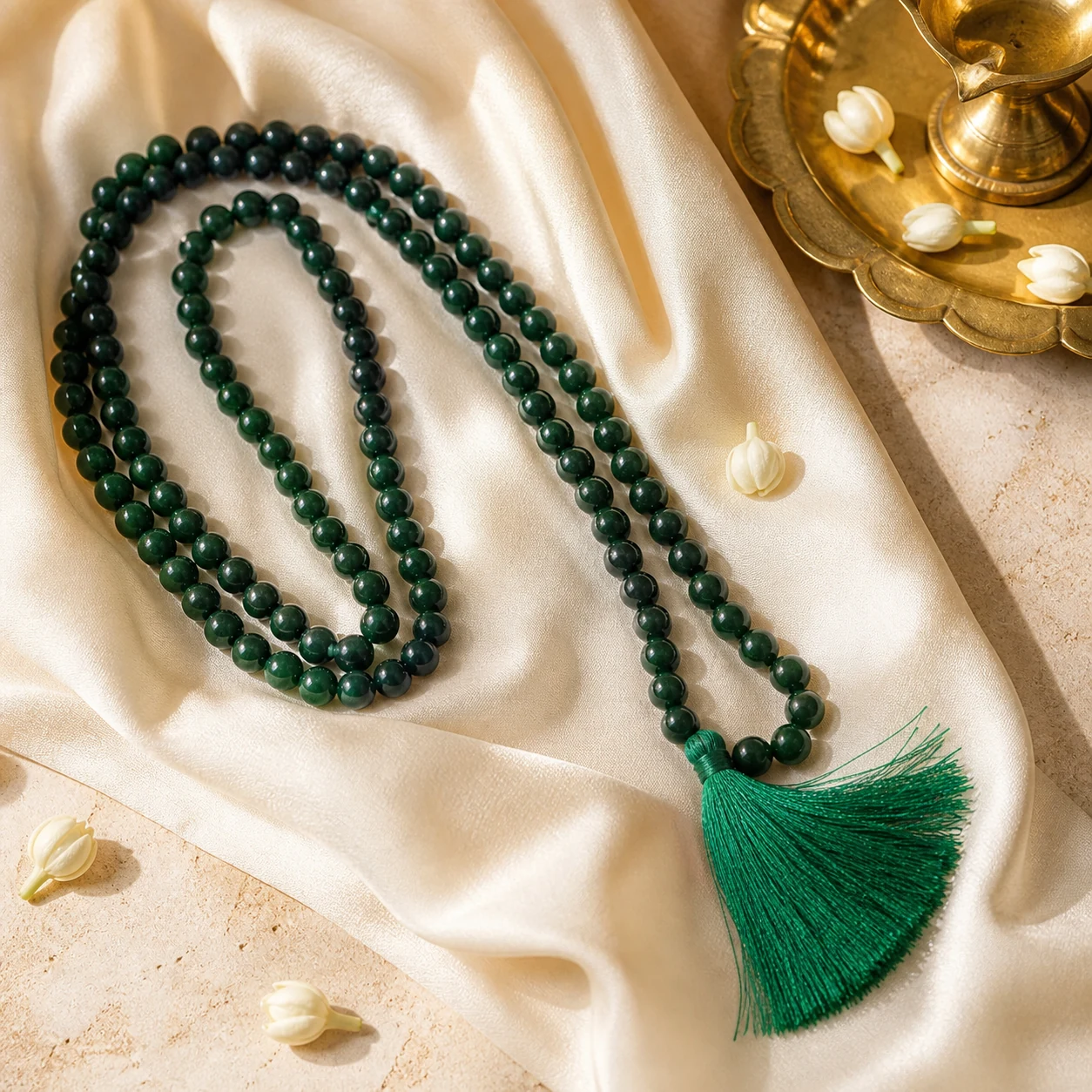 Green Jade Mala - 108-bead prayer mala from Lucky Gem House