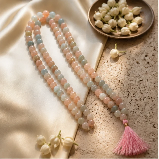 Morganite Mala - 108-bead prayer mala from Lucky Gem House