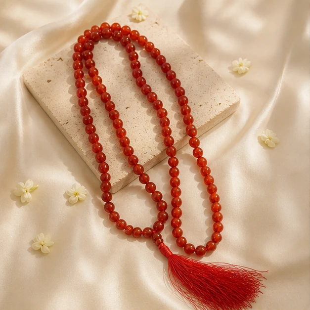Red Carnelian Mala - 108-bead prayer mala from Lucky Gem House