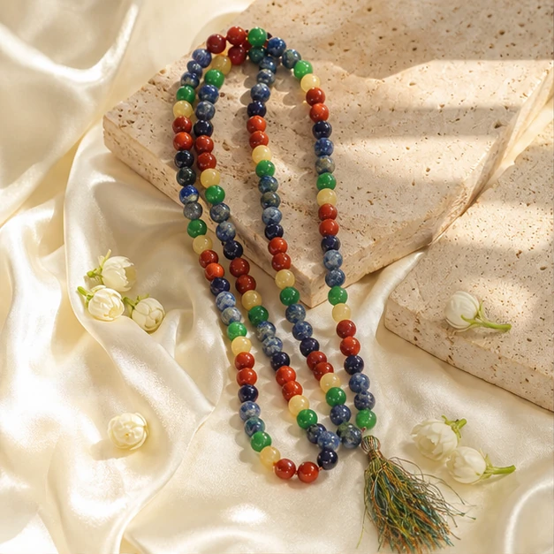 Seven Chakra Mala - Mixed natural-stone prayer mala from Lucky Gem House